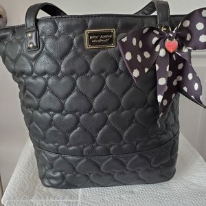 Betsey Johnson Black Quilted Heart Large Tote Purse Handbag with Side Bow